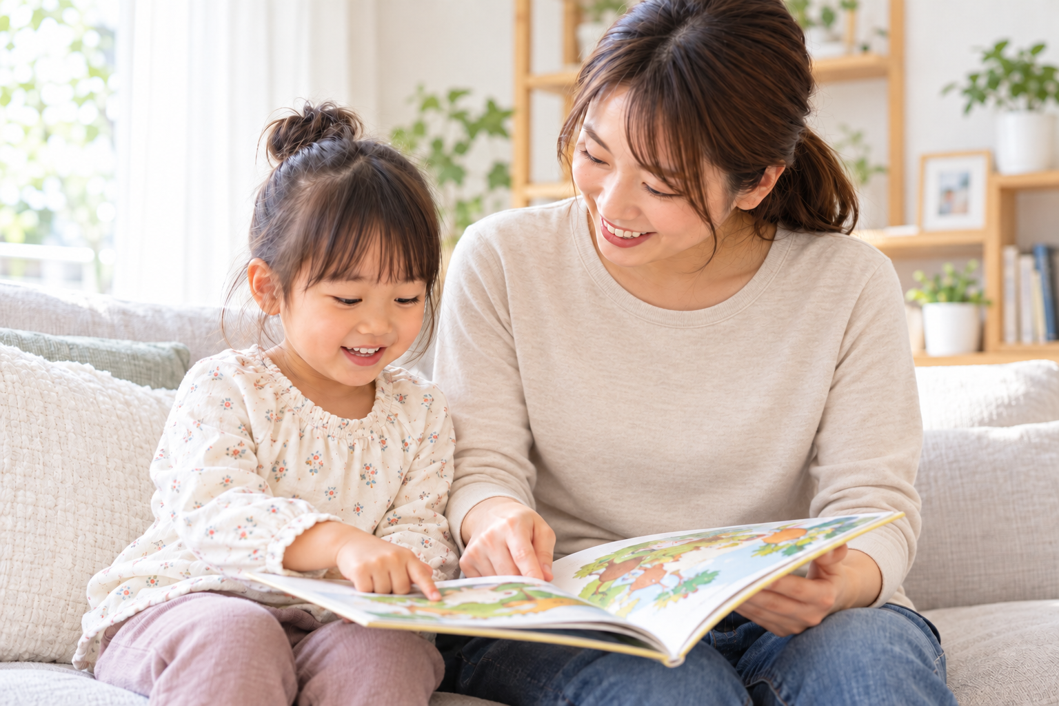 家庭で親子が絵本を読みながら関わるイメージ
