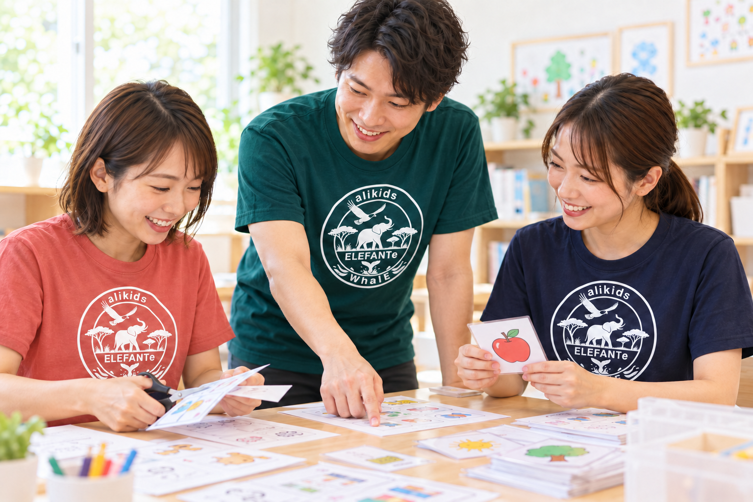 教材を準備し支援について話し合う職員チームのイメージ