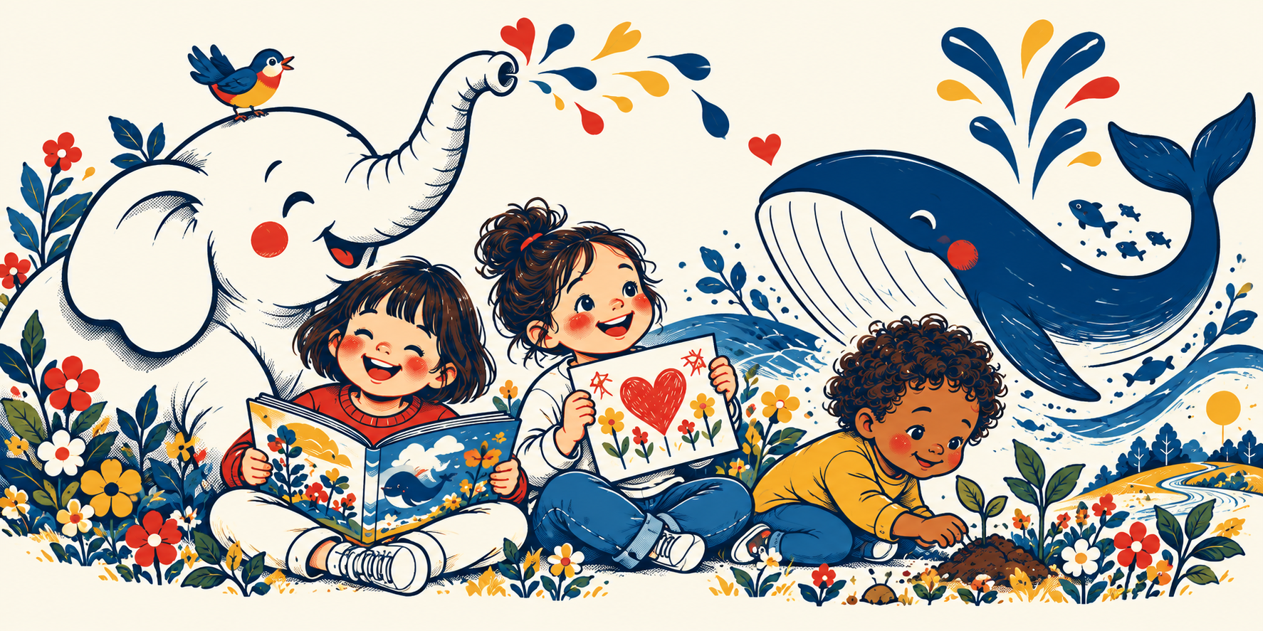 絵本を楽しむ子、ハートの絵を見せる子、芽を育てる子を、ゾウとクジラが見守る優しいイラスト